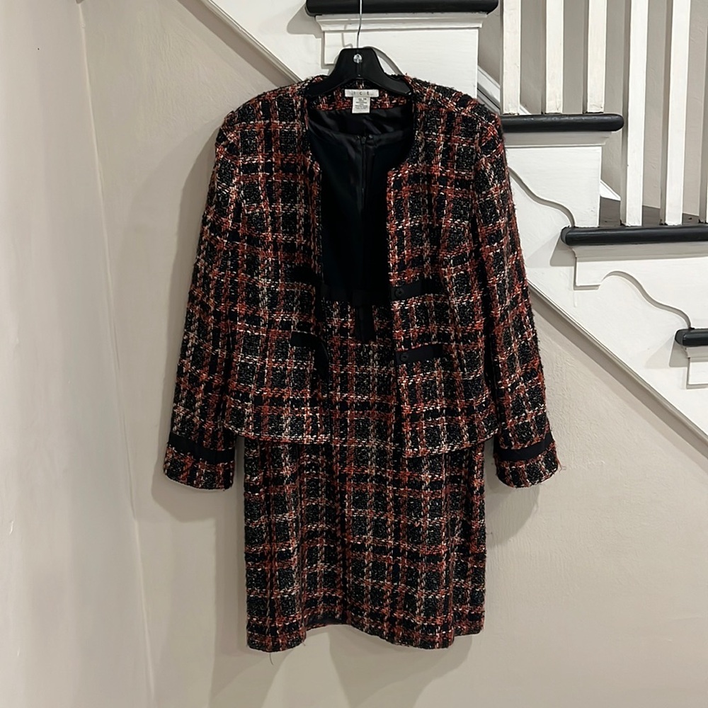 Women Black 2 Piece Tweed Style Suit with Midi Dress Size 14